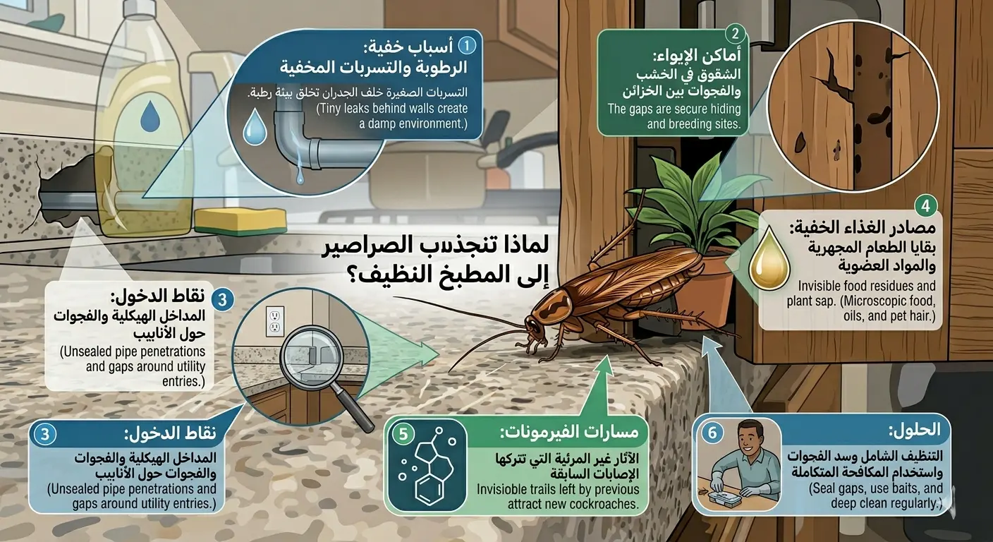 رسم توضيحي يوضح الأسباب الخفية التي تجذب الصراصير لمطبخ نظيف